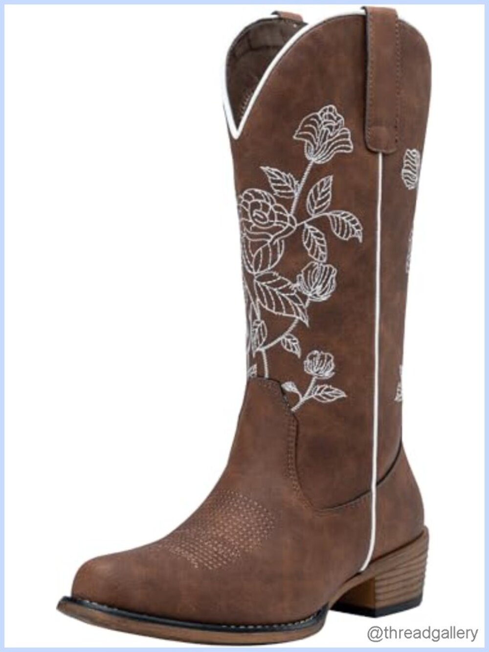 Mid Calf Western Cowboy Embroidery Low Heel Boots with Zip Faux Leather